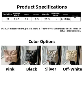 Size chart showing dimensions and colors for bow knot PU bucket handbag and tote bag