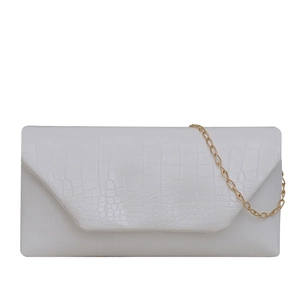 White faux crocodile skin envelope chain crossbody bag with V-shaped flap design
