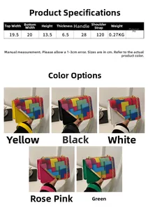 Detailed dimension chart and color variants of the contrast geometric PU leather bag