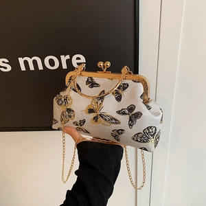 Vintage Chinese Style Butterfly Embroidery Kiss-Lock Clutch Bag With Metal Round Handle And Chain Strap For Women Evening Party