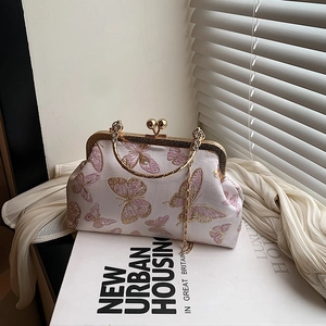 White vintage evening bag with pink butterfly embroidery and gold metal chain strap