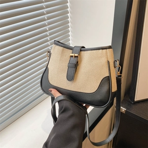 Women Shoulder Bag Canvas PU Leather Patchwork Contrast Color Metal Buckle Underarm Crossbody Casual Commute Fashion