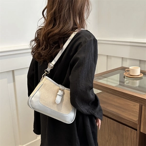 Minimalist canvas and silver PU crossbody bag shown on model in a soft-lit indoor setting
