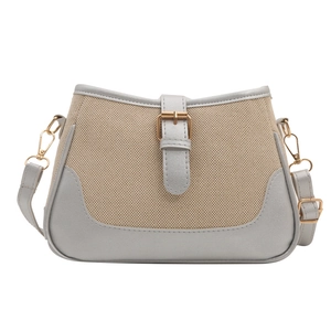Chic khaki canvas and silver metallic faux leather crossbody bag with golden buckle