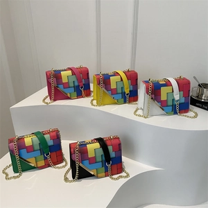 Fashionable color-block chain crossbody bag with colorful geometric patterns for women
