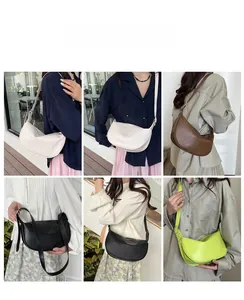 Collage of chic PU leather half-moon crossbody bags in diverse colors on a model