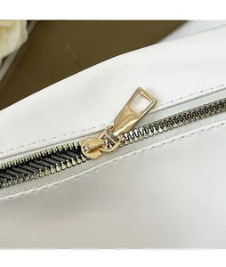 Macro detail of glossy golden metal zipper pull on white leather dumpling bag
