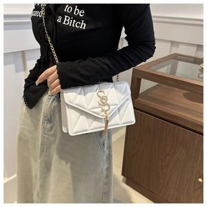Detail of white quilted crossbody bag with golden SS logo and tassel hardware