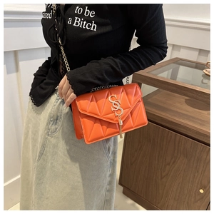 Detail of orange quilted chain bag featuring a gold S-letter buckle and tassel accent