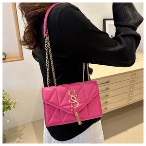 Detail of pink quilted shoulder bag featuring gold chain strap and metal logo with tassel