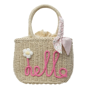Beige woven straw handbag with pink hello embroidery and floral scarf on handle