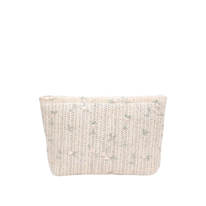 Fashionable beige woven crossbody bag with pink lace flower embroidery for women