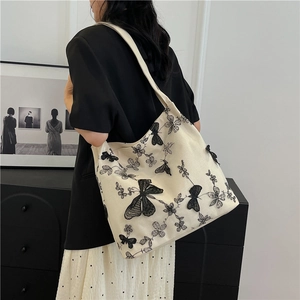 Butterfly Embroidery Canvas Tote Bag 3D Lace Floral Retro Shoulder Bag Large Capacity For Women Casual Daily