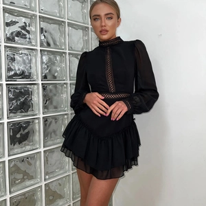 Elegant black chiffon mini dress with lace hollow design and tiered ruffle skirt