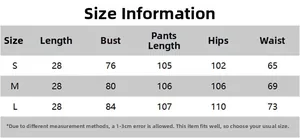 Detailed size chart for women's striped two-piece set including top and wide leg pants