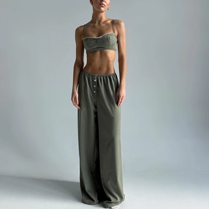 Women Sexy Ribbed Stripe Camisole Cropped Top And High Waist Wide Leg Pants Outfit Lace Trim Fashion Casual Clothing