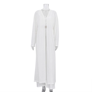 Completo casual 3 pezzi da donna con cardigan lungo, crop top e pantaloni larghi bianchi
