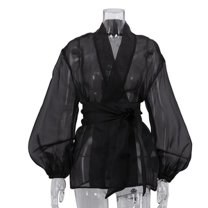 Elegant black sheer french blouse with V-neck wrap tie and stylish puff sleeves for women