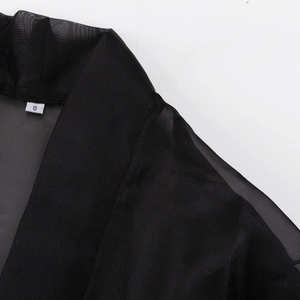 Detail of black sheer mesh panel stitching on French style V-neck blouse with size S tag