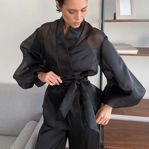 Elegant French black sheer wrap blouse with V-neck and puff sleeves for women