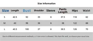 Size guide table for women's jacquard short sleeve shirt and casual shorts set
