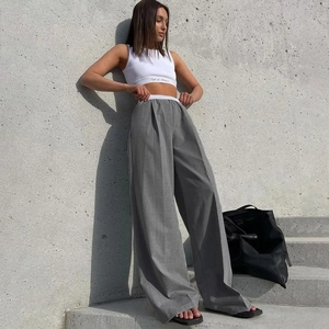 Pantalon large gris à taille haute pour femmes avec design plissé pour le style de rue