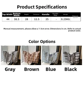 Detailed size guide and color options for plaid tweed tote bag in grey, brown and blue