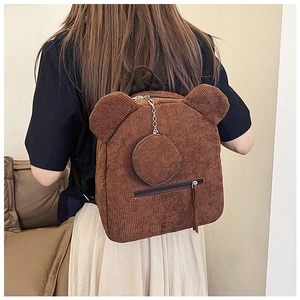 Brown corduroy backpack with cute bear ears and matching round coin purse detail