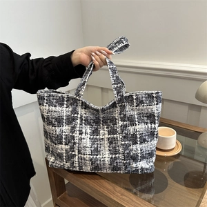 Women Tweed Plaid Tote Bag Elegant Large Capacity Shoulder Handbag Fashion Grid Pattern Fabric Underarm Bag