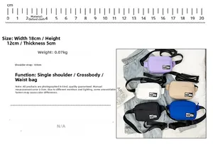 Detailed infographic showing five nylon crossbody bags with dimensions and material specs