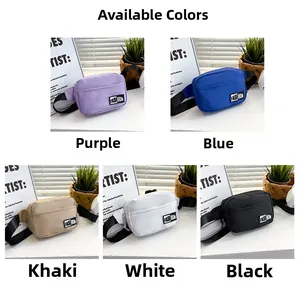 Detail view of colorful nylon crossbody bags in purple, blue, khaki, white and black