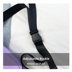 Detail of purple nylon bag featuring a durable black adjustable buckle and strap