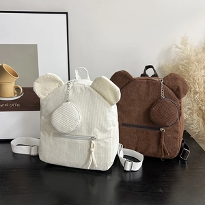 Fashionable corduroy backpack with bear ears and matching coin purse in beige and brown