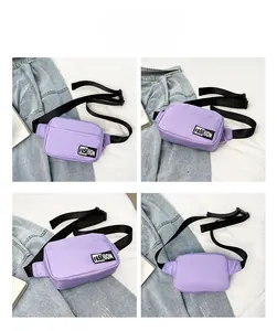 Detail view of light purple nylon waist bag from four angles with adjustable strap