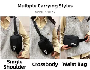 Nylon bag detail showing three versatile carrying styles: shoulder, crossbody, and waist bag