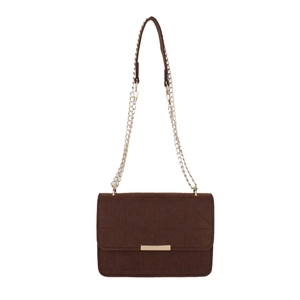 Brown quilted crossbody bag with gold metal trim and chain strap on a white background
