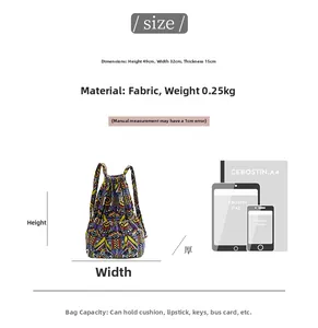 Size guide for a large ethnic print canvas backpack showing 49x32x15cm dimensions and capacity