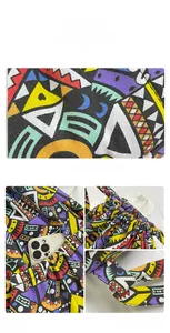 Detail view of ethnic canvas tote bag showing side pocket, drawstring closure and pattern