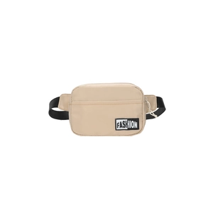 Minimalist beige nylon fanny pack with adjustable strap and front zipper pocket
