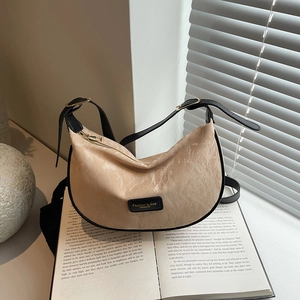 Sac Hobo Femme en Cuir PU Minimaliste Avec Bordure Contrastée Sac à Épaule Texture Plissée Sac à Bandoulière Fermeture Éclair
