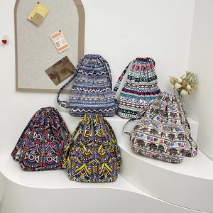 Artistic canvas drawstring backpacks with ethnic elephant prints and geometric patterns