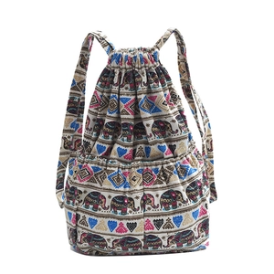 Bohemian elephant print canvas drawstring backpack with large capacity and multi-pockets