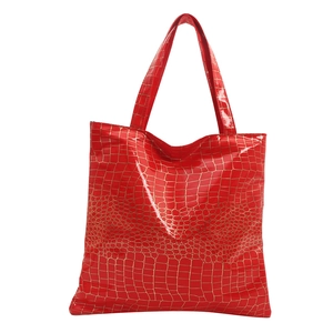 Large red crocodile embossed tote bag with gold grid pattern and double top handles