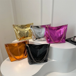 Glossy metallic tote bags in five colors with metal chain straps for women