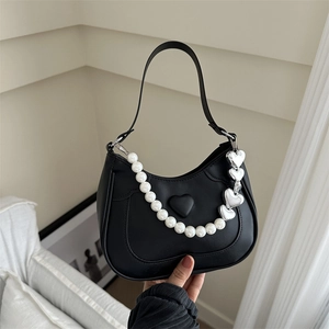 Fashion Heart Embossed Women Hobo Bag With Artificial Pearl Chain PU Leather Small Shoulder Bag Korean Style Underarm Bag Handbag