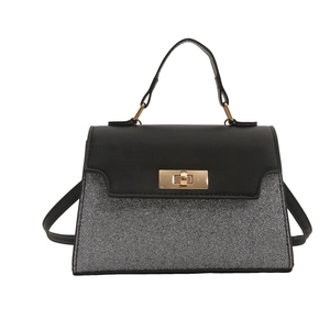 Elegant sequined Kelly handbag with black leather trim and gold rotary lock buckle