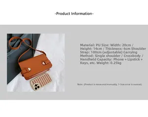 Dettaglio borsa a tracolla in pelle PU marrone con dimensioni e cinturino regolabile