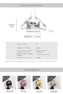 Detail specifications for mini PU leather shoulder bag showing 11x10x6cm dimensions