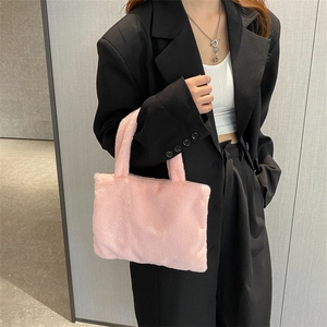 Women Fashion Solid Color Plush Handbag Simple Faux Fur Tote Bag Large Capacity Shopping Bag Winter Soft Handheld Bag