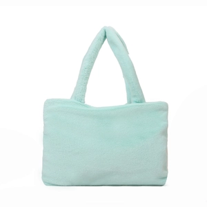 Chic mint green plush tote bag in minimalist faux rabbit fur design for women